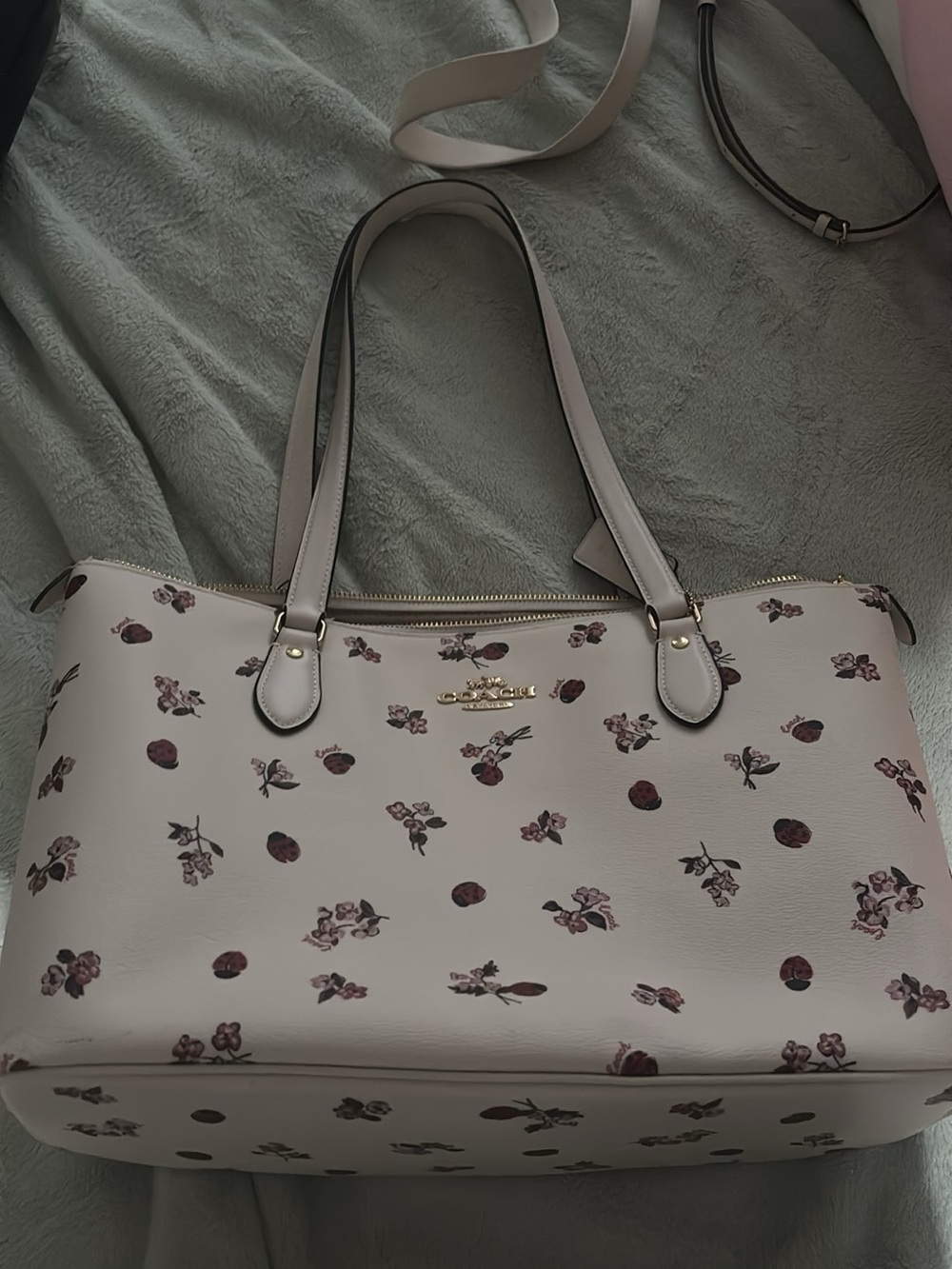 Coach Cream Floral Leather Tote with Pink Accents